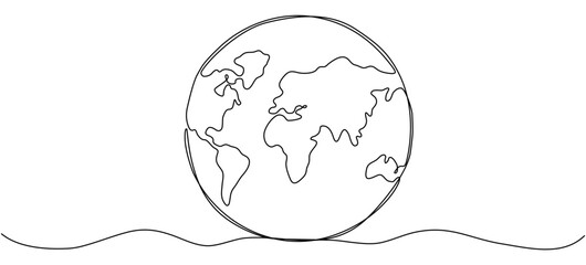 Poster - Continuous Earth line drawing symbol. World map one line art. Earth globe hand drawn. Vector illustration isolated on white background.