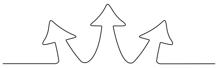Poster - Three arrows way direction continuous line drawn. Raised linear arrows. Vector illustration isolated on white.