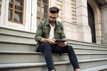 Sticker - shot of a handsome young man using his phone and laptop while sitting on the steps outside