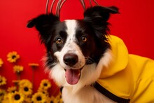 Medium Shot Portrait Photography Of A Smiling Border Collie Wearing A Bee Costume Against A Red Background. With Generative AI Technology