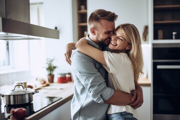 Sticker - shot of a young man hugging his wife in their kitchen