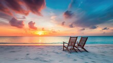Two Empty Beach Chairs On White Beach On The Maldives At Sunset. Generative AI