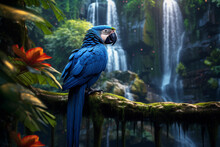 Blue Parrot In The Forest Sitting On A Branch