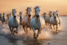 Group Of Horses On The Beach At Dawn