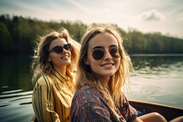 Canvas Print - shot of two young women enjoying a day out on the lake