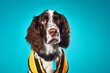 Group portrait photography of a funny english springer spaniel wearing a reflective vest against a turquoise blue background. With generative AI technology