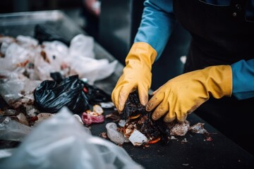 Wall Mural - closeup shot of a person wearing gloves while sorting through garbage