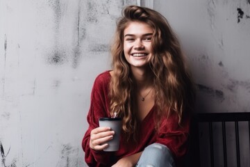 Wall Mural - a smiling young woman drinking a smoothie while sitting against the wall