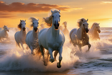 Horses galloping on the sea at sunset