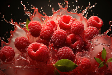 Wall Mural - Ripe juicy tasty raspberries with juice splash on black background