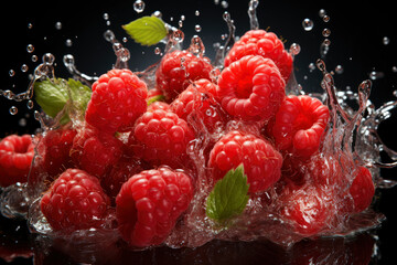 Wall Mural - Ripe juicy tasty raspberries with juice splash on black background