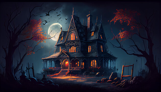Halloween haunted place illustration, Ai generated image