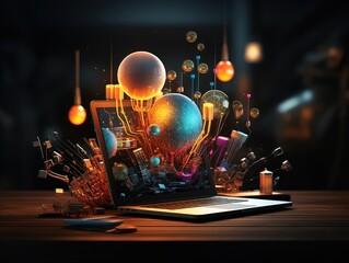 Poster - Financial management of a business dashboard on a laptop with aspects of business analysis and analytics online through an application. Investment, trading and finance management with infographics.
