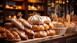 Fototapeta  - Within the cozy bakery, a delightful array of diverse bread loaves graces the shelves, tempting the senses.
