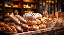 Within The Cozy Bakery, A Delightful Array Of Diverse Bread Loaves Graces The Shelves, Tempting The Senses.