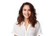 isolated png portrait of natural smiling gentle young woman in white unbuttoned shirt