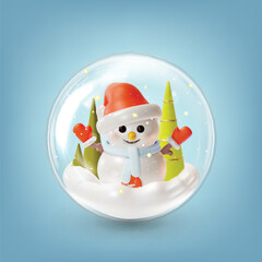 Sticker - 3d Merry Christmas and Happy New Year Concept Tree Decoration Glass Ball Transparent inside Snowman Character Cartoon Style. Vector illustration