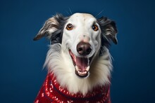 Close-up Portrait Photography Of A Smiling Borzoi Wearing A Festive Sweater Against A Navy Blue Background. With Generative AI Technology