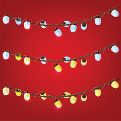 Canvas Print - 3d Christmas Decorative Shining Garland Set Cartoon Style Hanging Cartoon Style New Year Element Xmas Holiday Design Concept on a Red. Vector illustration