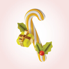 Canvas Print - 3d Merry Christmas and Happy New Year Concept Branch Mistletoe, Xmas Gift Box and Traditional Candy Cane Set Cartoon Style. Vector illustration