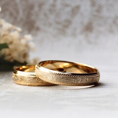 Wall Mural - Wedding rings, close-up on a light background with flowers.postcard or invitation to a celebration. 