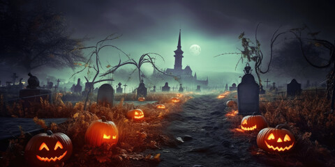 Wall Mural - A dark Halloween night with a spooky moon, eerie cemetery, and creepy pumpkin lantern.