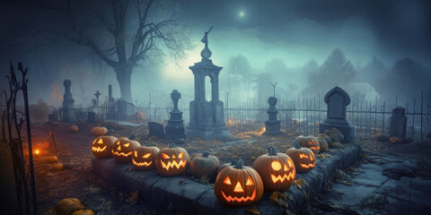 Wall Mural - Halloween night, an evil pumpkin lantern, and a spooky forest create a mysterious and eerie atmosphere.
