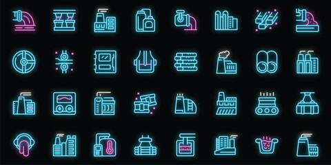 Poster - Steel Plant icons set outline vector. Power pipe. Work product neon color on black
