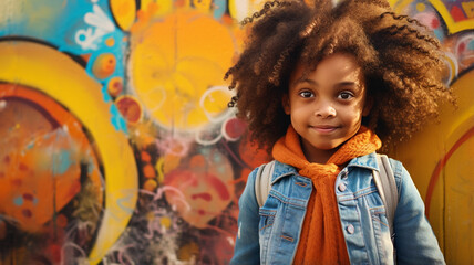 happy african american woman with curly hair on graffiti background