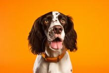 Medium Shot Portrait Photography Of A Smiling English Springer Spaniel Wearing A Paw Protector Against A Tangerine Orange Background. With Generative AI Technology
