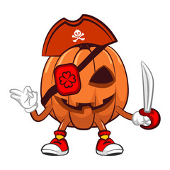 Vector mascot, cartoon and illustration of a halloween pumpkin being a one-eyed pirate with a hat and carrying a machete