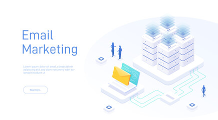 Poster - Email service concept. Electronic mail message as part of business marketing. Webmail or mobile service layout for website landing header. Newsletter sending background. Isometric vector. 
