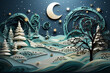 © fadzeyeva - Christmas fantasy landscape paper quilling Illustration with snow trees and moon. Festive postcard