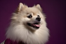 Photography In The Style Of Pensive Portraiture Of A Smiling Keeshond Wearing A Sailor Suit Against A Deep Purple Background. With Generative AI Technology