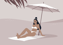 A Young Asian Woman Relaxes On The Sandy Shore Beneath A White Beach Umbrella, Enjoying Her Summer Getaway Amidst The Sweltering Tropical Heat