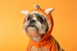 Close-up portrait photography of a tired shih tzu wearing a dinosaur costume against a pastel orange background. With generative AI technology