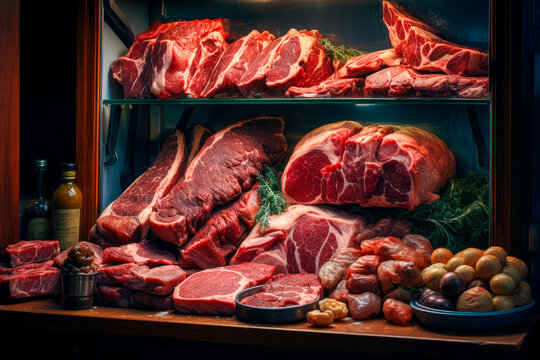 Different fresh meat on shelves at butcher shop