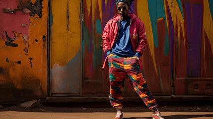 African ethnicity model posed against an urban graffiti backdrop, highlighting the vibrant colors and energy.