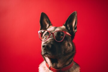 Wall Mural - Photography in the style of pensive portraiture of a curious norwegian elkhound wearing a hipster glasses against a ruby red background. With generative AI technology