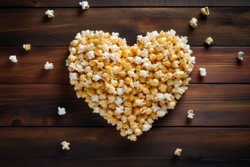 Wall Mural - heart-shaped popcorn on a wooden table.