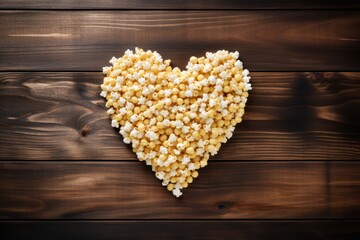 Poster - heart-shaped popcorn on a wooden table.