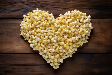 Poster - heart-shaped popcorn on a wooden table.
