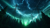 Fototapeta Niebo - Overhead Electricity Transmission Lines with 3D Digital Visualization of Electricity. Epic Animation with Night Sky Full of Stars. Concept of Renewable Green Energy and Ecological Environment