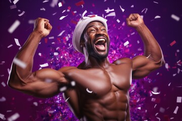 Poster - dark-skinned muscular man in delight on purple background with candy.