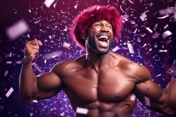 Poster - dark-skinned muscular man in delight on purple background with candy.