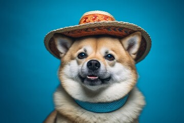 Canvas Print - Headshot portrait photography of a cute akita wearing a sombrero against a cerulean blue background. With generative AI technology