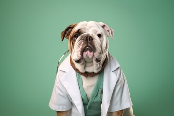 Wall Mural - Close-up portrait photography of a cute bulldog wearing a doctor costume against a spearmint green background. With generative AI technology