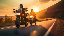 Sunset Bikers: Group Of Motorcycle Riders Cruising Together