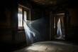 Ethereal spirit haunts deserted dwelling in darkness. Generative AI
