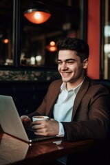 Poster - a happy young entrepreneur working on his laptop while drinking coffee